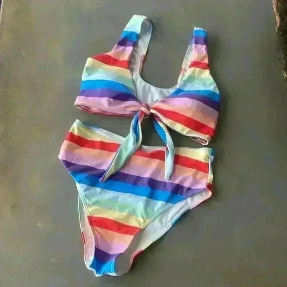 Multicolor Rainbow Striped Front Knot Two Piece High Waist Bikini Set Size S - Picture 2 of 13